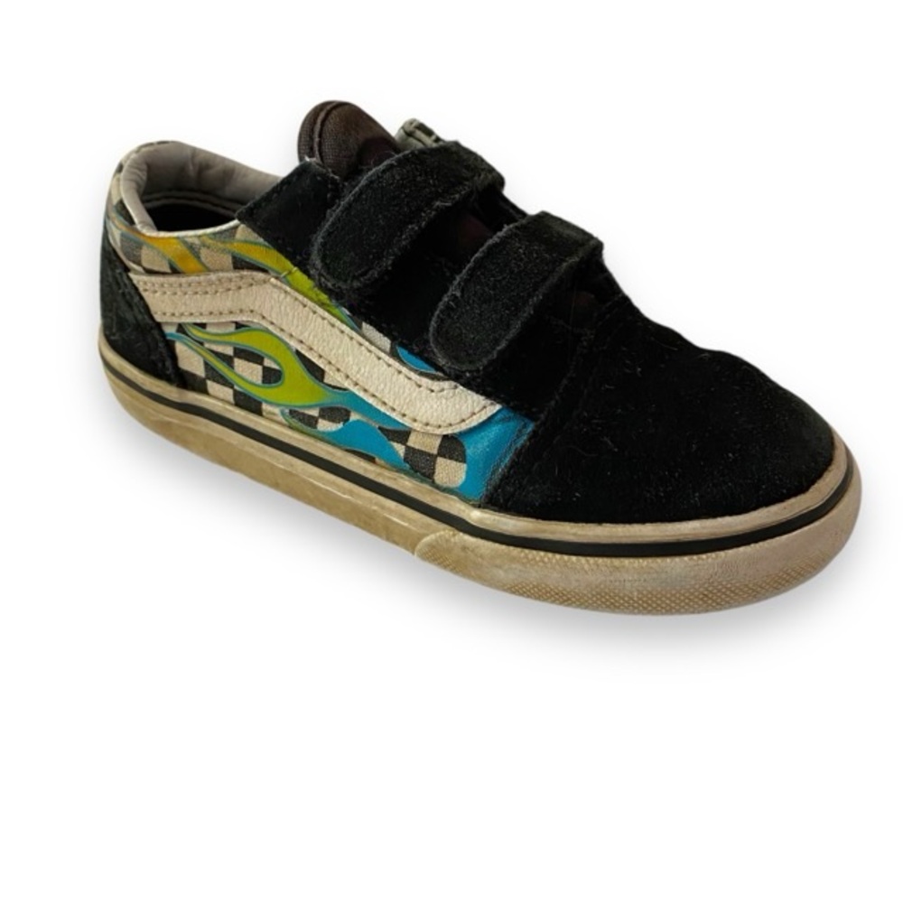 VANS Velcro Slip On Black Blue Green Suede Flame Fire Low
